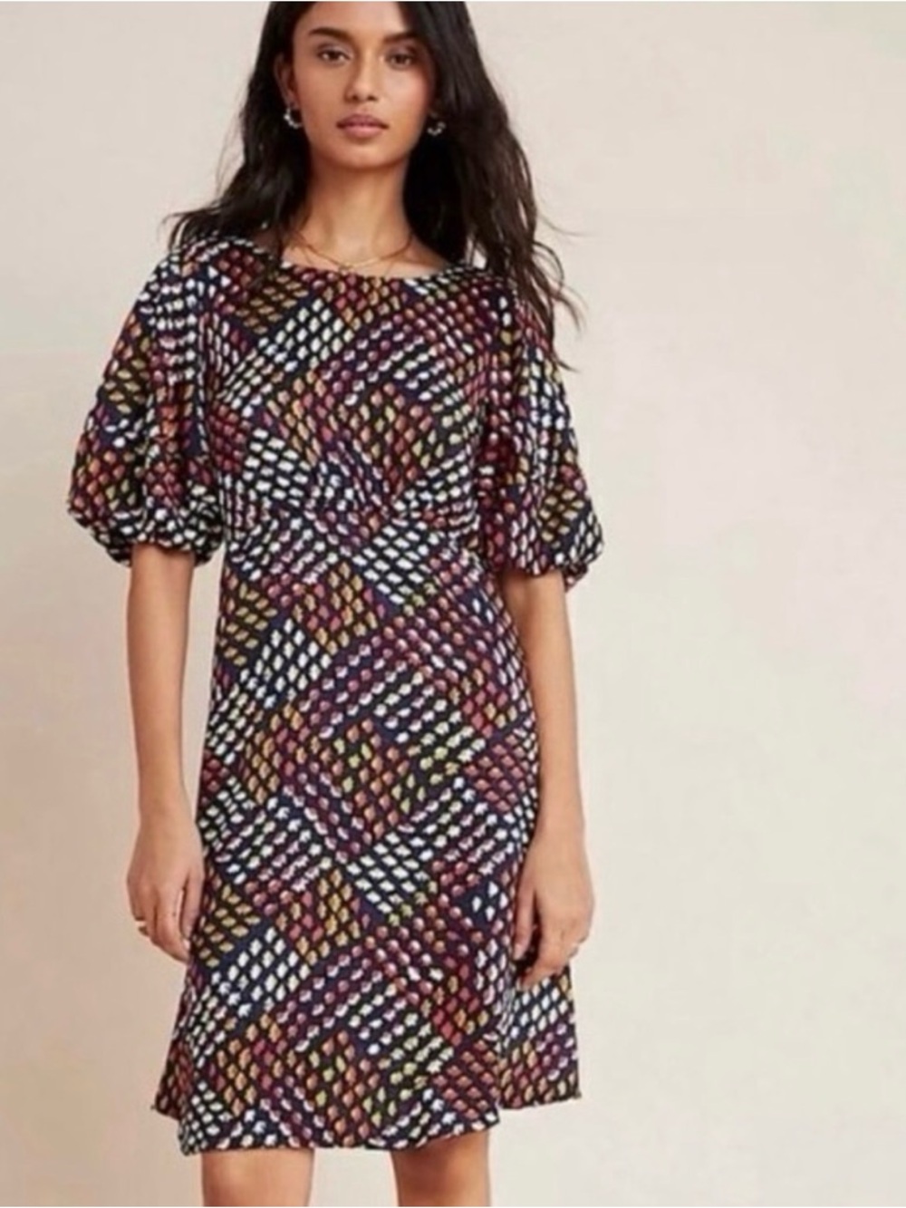 Anthropologie Maeve Melody Navy Multi Dot-Print Puff Sleeve Midi Dress
